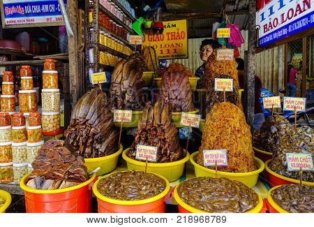 Long Xuyen Vietnam - Sep 1 2017. Fermented fish at local market in Long Xuyen Vietnam. Long Xuyen is the provincial city and capital city of An Giang Province.