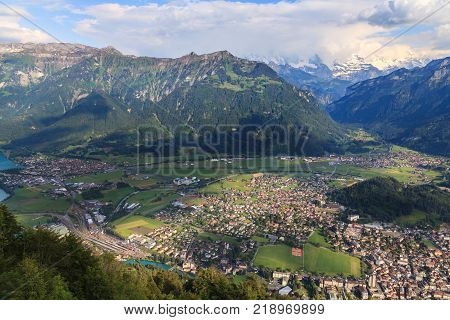 Interlaken town and Aare river from the view point of Harder Kulm Interlaken Switzerland