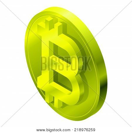 Bitcoin gold coin mark in isometric perspective. Modern symbol, cryptocurrency in minimalist stylization. Graphic icon of virtual digital currency, internet investing. Cloud mining, electronic money.