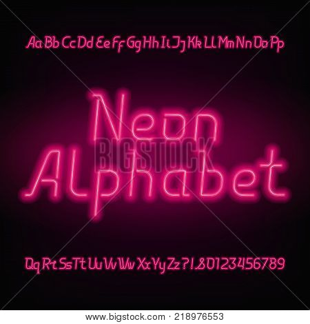 Neon alphabet font. Glowing uppercase and lowercase letters and numbers. Vector typeface for your headers or any typography design.