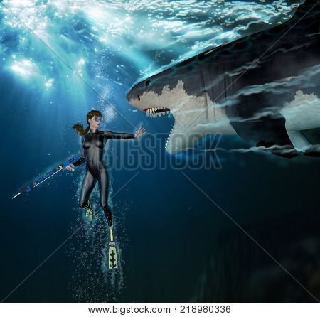 3D render of a great white shark attacking a female scuba diver underwater (with digital painting)