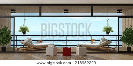 Holiday villa with two chais lounges on wooden veranda - 3d rendering