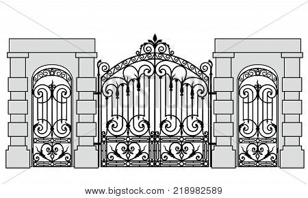 Black forged gate and wickets on a white background