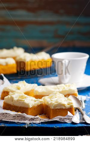 Pumpkin Bars with cream cheese fristing.selective focus