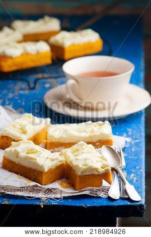 Pumpkin Bars with cream cheese fristing.selective focus