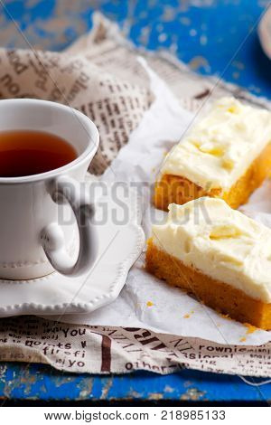 Pumpkin Bars with cream cheese fristing.selective focus