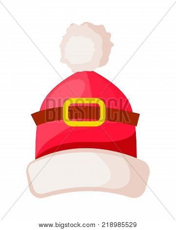 Santa Claus hat with buckle isolated. Winter fur woolen cap with white trim. Father Christmas hat headwear warm clothing. Flat icon winter snowboard accessory in cartoon style vector illustration