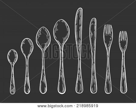 Big set of Hand drawn Fork, spoon, knife illustration, drawing, engraving, ink, line art, vector. Isolated on black