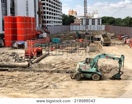 BANGKOK THAILAND - 17 DEC 2017: Construction truck are working at construction projects near the Phayathai BTS station