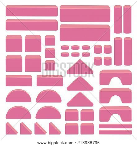 Building toy blocks - pink colored items for educational kids game. Arch, sticks bricks, cubes, figurine for preschool stack tower game. Set of pieces to build structure, house or castle. Isolated vector illustration on purple background.