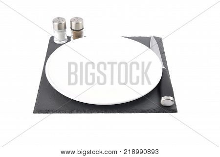 Colorful and crisp image of table setting with pepper and salt isolated