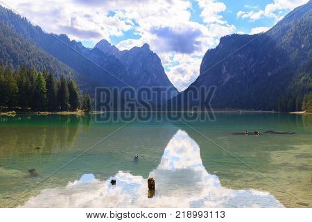Dobbiaco lake the Dolomites mountain in ItalyEurope