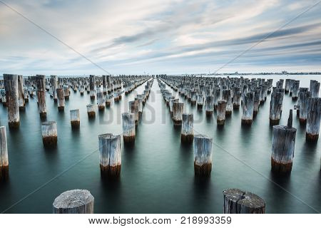 Iconic jetty/pier remains located in Port Melbourne. Well known to most photographers.