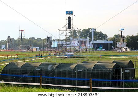 KRAKOW POLAND - 2016: Krakow Blonia World Youth Day 2016 blank field where there should be a meeting with the Pope with military tents