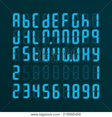 A realistic electronic alphabet from A to Z and numbers. Dial on the screen. Modern blue background