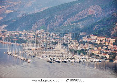 Aerial view of a fethiye bay with marina and yachts at sunset