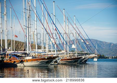marina at summer day with moored yachts in Fethiye Turkey