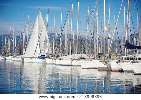 marina at summer day with moored yachts in Fethiye Turkey