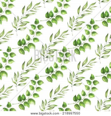 Hand drawn watercolor Seamless pattern. Background with spring leaves and branches. Floral design elements. Perfect for invitations, greeting cards, blogs, posters