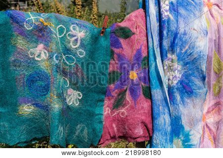felted and decorated scarves in the remote mountain village of Diklo in the Tusheti region of Georgia