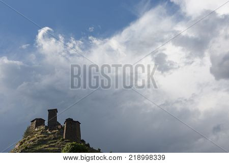 ancient towers above the mountain village of Omalo, capital of the Tusheti region of Georgia