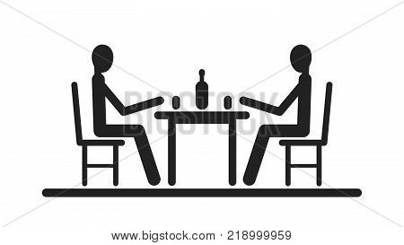 Pictogram two stick figure sitting at the table and to drink out of glasses. Flat vector illustrationeps 10.
