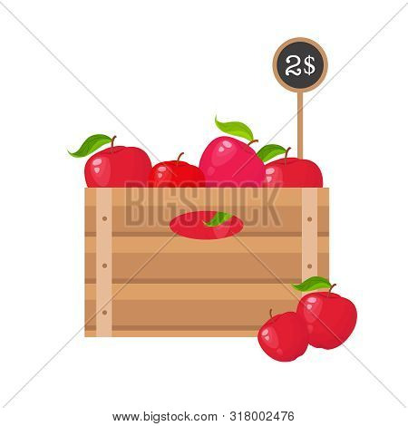 Apples With Price Tag In Wooden Grate On White Background.