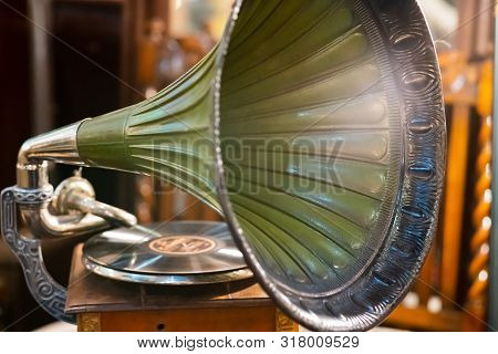 Retro Old Gramophone Radio. Vintage Aged Turquoise Gramophone Phonograph Turntable