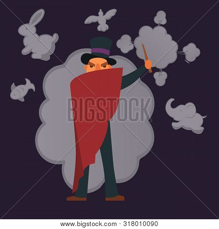 Magic Show Poster Design Vector Illustration. Magician Making Illusion Of Animals From Smoke. Magic 