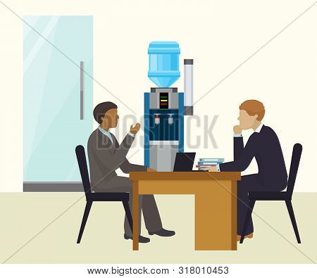 Office Water Cooler With Plastic Cups And Two Businessmen Sitting In Office, Vector Illustration. Cl