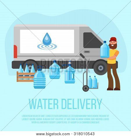 Water Delivery Service. Vector Character With Delivery Cart With Bottles. Water Cooler Rental, Suppl