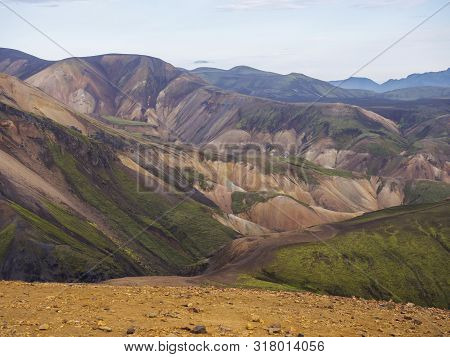 Colorful Rhyolit Mountain Panorma With Multicolored Volcanos In Landmannalaugar Area Of Fjallabak Na