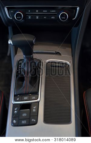 Russia, Izhevsk - April 4, 2019: Showroom Kia. New Optima With Automatic Transmission In Dealer Show