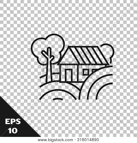 Black Line Farm House Concept Icon Isolated On Transparent Background. Rustic Farm Landscape. Vector