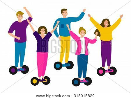 Young People Teens Riding Hover Board, Gyro Board, Balance Board. Group Men And Women Friends On Ele