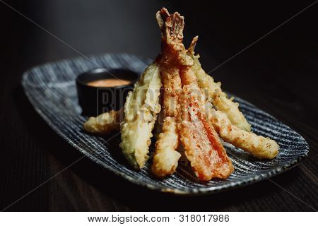 King Prawn Tempura - Japanese Dish , Battered Deep Fried Seafood - Tiger Prawns . Served With Sauce
