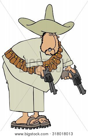 Illustration Of A Mexican Bandido Wearing A Bandoleer And Holding 2 Revolvers.