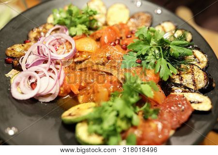 Beef And Vegetables Saj In A Restaurant