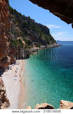 Croatia Landscape. Dalmatia Adriatic Coast. Pasjaca Beach Below Cliffs In Konavle.