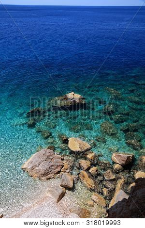 Croatia Landscape. Dalmatia Adriatic Coast. Pasjaca Beach Below Cliffs In Konavle.