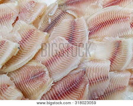 Whitefish Tilapia Fish Raw Fillet On Ice. Selective Focus.