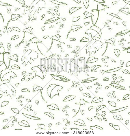 Modern Exotic Jungle Leaf Pattern. Scattered Botanical Leaf, Line Art Doodle Style, In Pastel Green 