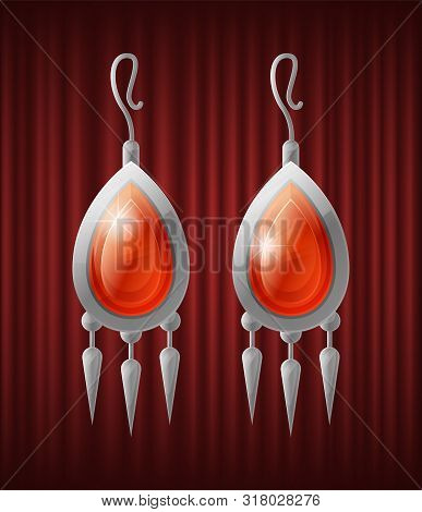 Pair Of Silver Earrings With Drop Shaped Ruby Gemstones. Expensive Mineral, Metallic Jewelry. Gift F