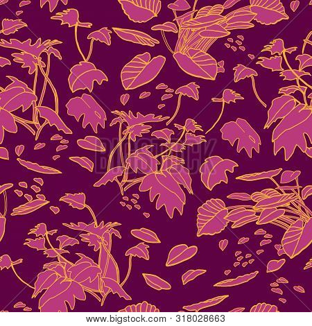 Modern Exotic Jungle Leaf Pattern. Scattered Botanical Leaf, Line Art Doodle Style, In Red And Pink 