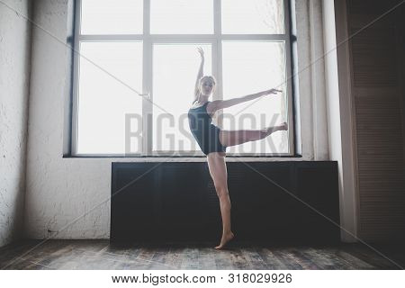 Plasticity Slim Woman Dancing Near Window. Professional Dancer Enjoy Dance. Lady Dancer Training Mod