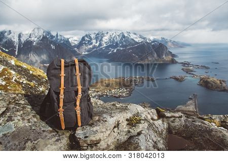 Hipster Hiker Tourist Backpack On Rock In Mountain, Panoramic Landscape, Traveler Relax Holiday Conc