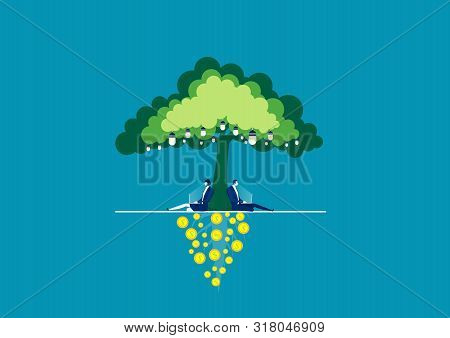 Business Woman And Man Sitting Under Tree And Communicating Via Internet Using Notbook For Create Id