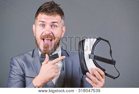 Businessman Explore Virtual Reality. Digital Technology For Business. Business Implement Modern Tech