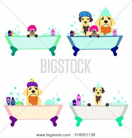 Vector Set Of Dogs Sitting In A Bath With Foam And Soap Bubbles. Hand Drawn Pet Care Illustration