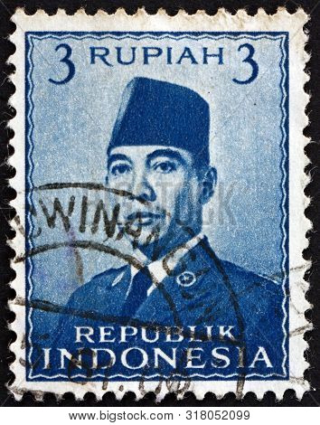 Indonesia - Circa 1951: A Stamp Printed In Indonesia Shows President Sukarno, 1st President Of Indon